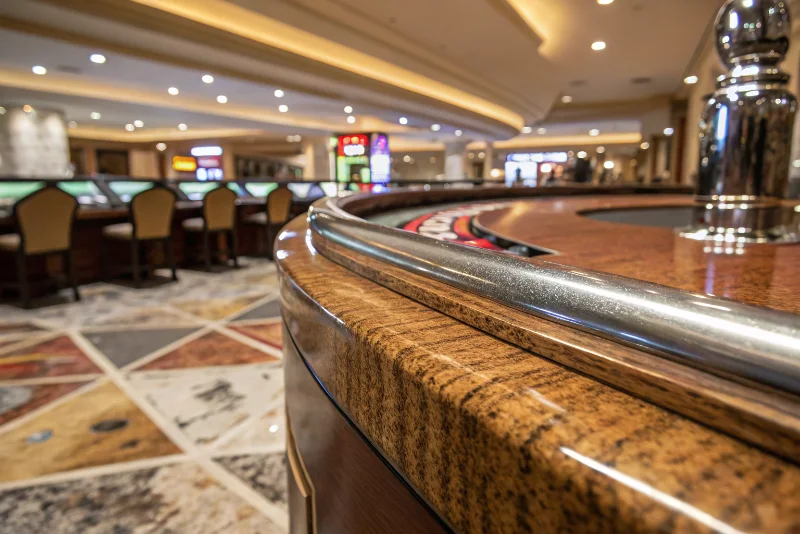 Close-up of polished wood, brushed metal and natural stone materials in casino setting