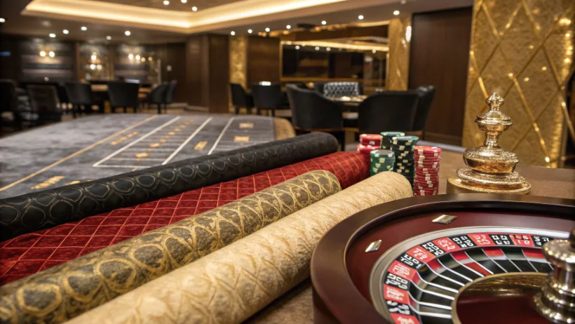 Display of luxury casino materials including polished metal, textured stone and quality textiles