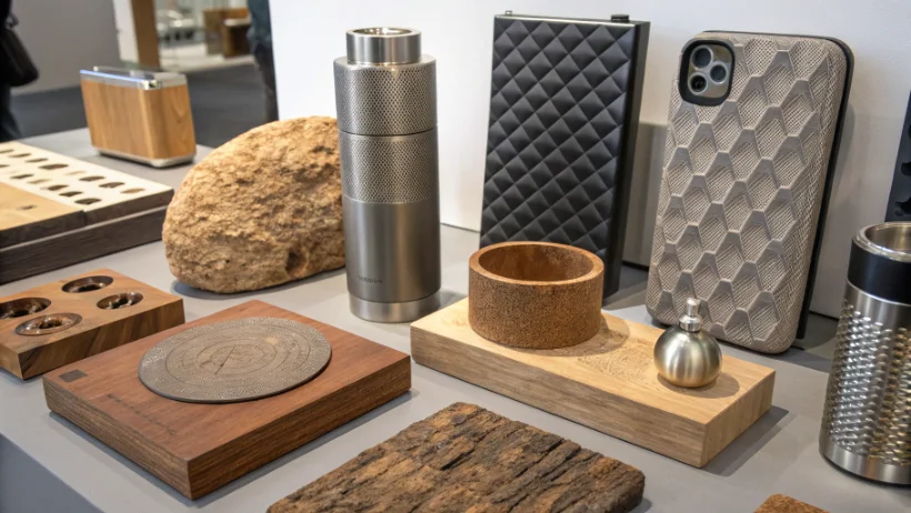 Collection of conceptual design objects with various textures and materials on display