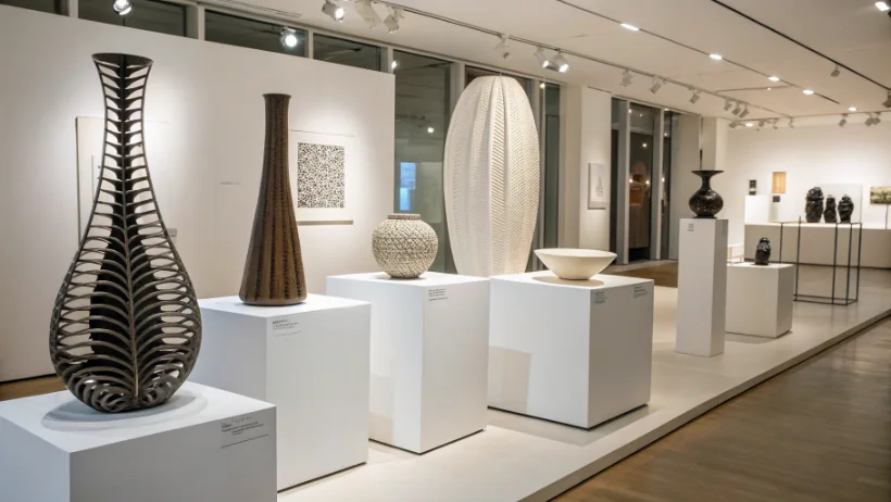 Contemporary design exhibition with sculptural objects displayed on white pedestals