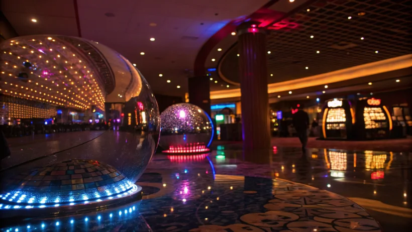 Reflective sculptural installation with colored lights reminiscent of casino atmosphere