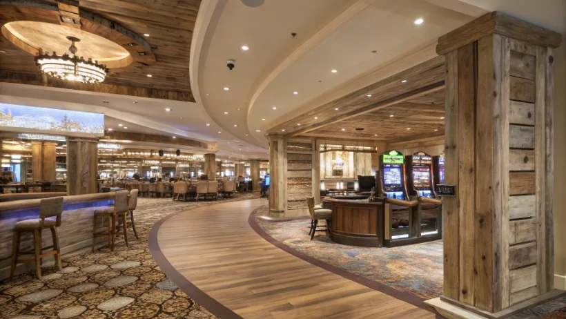 Casino interior featuring reclaimed wood and sustainable materials in sophisticated design
